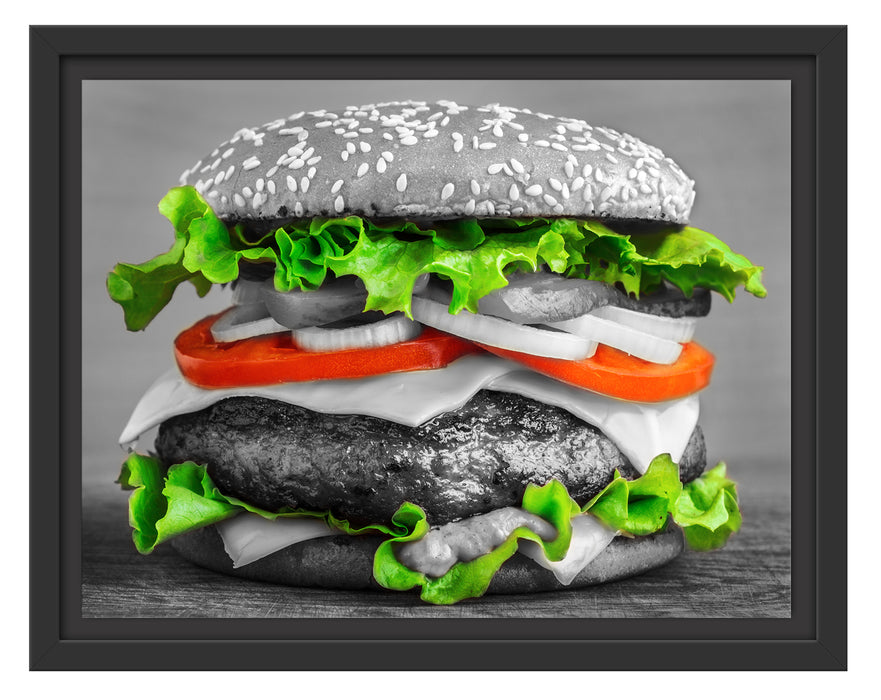 leckerer Hamburger mit Zwiebeln Schattenfugenrahmen 38x30