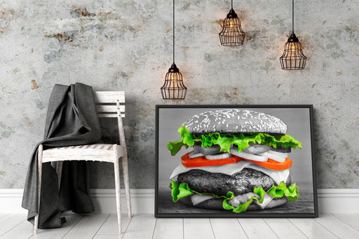 leckerer Hamburger mit Zwiebeln Schattenfugenrahmen Wohnzimmer