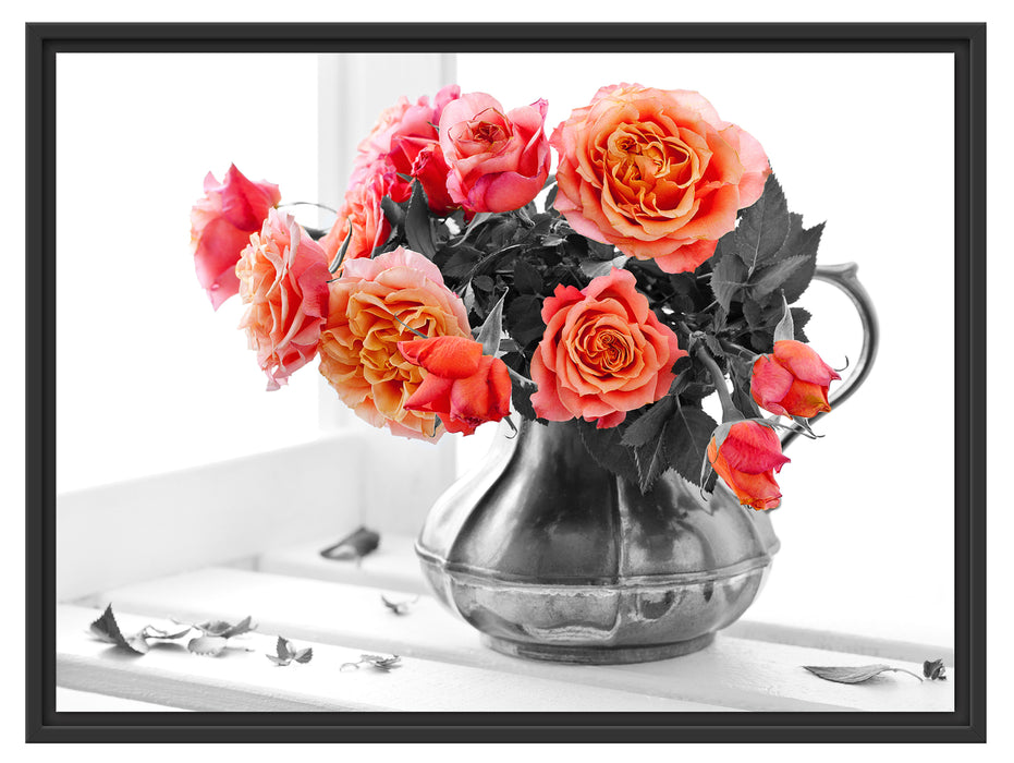 Wunderschöne Rosen in Krug Schattenfugenrahmen 80x60