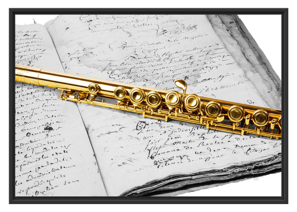 Pixxprint schöne Querflöte auf altem Buch, im Schwebe-Effekt Bilderrahmen