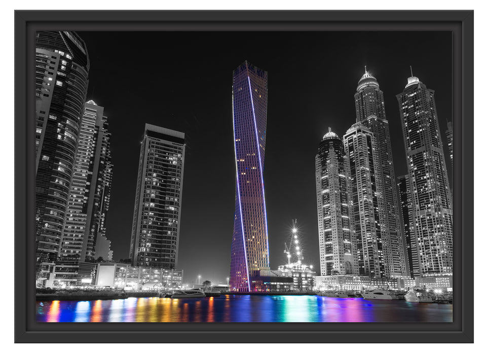 Skyline von Dubai bei Nacht Schattenfugenrahmen 55x40