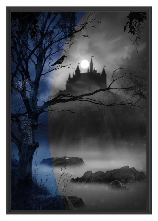 Wald mit Burg bei Nacht Schattenfugenrahmen 100x70