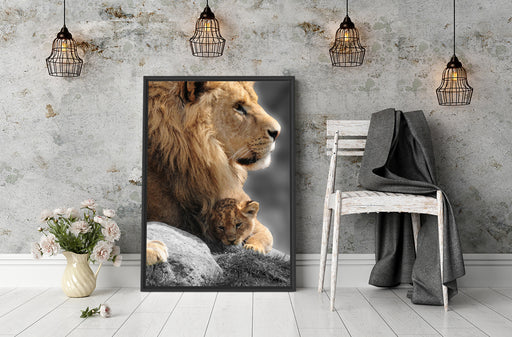 Löwe mit Löwenbaby Schattenfugenrahmen Wohnzimmer
