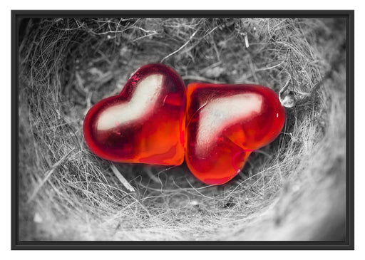 zwei Herzen in kleinem Nest Schattenfugenrahmen 100x70