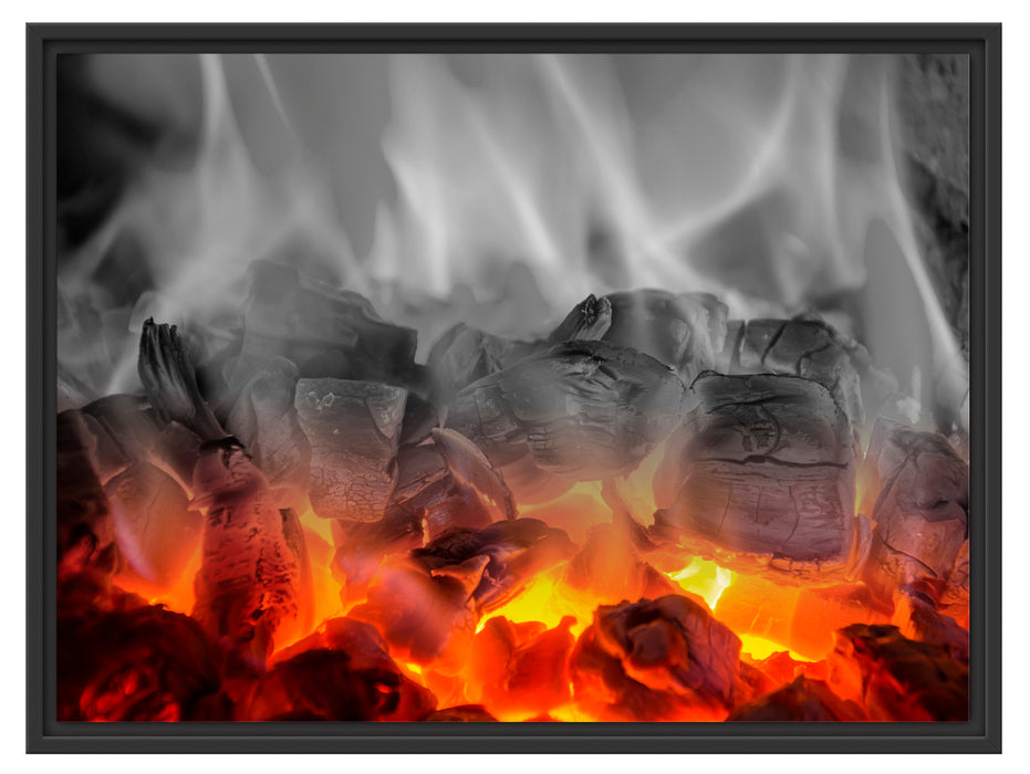 brennende Holzkohle in Kamin Schattenfugenrahmen 80x60