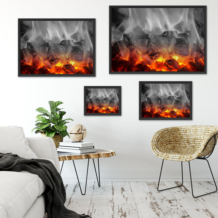 brennende Holzkohle in Kamin Schattenfugenrahmen Dekovorschlag