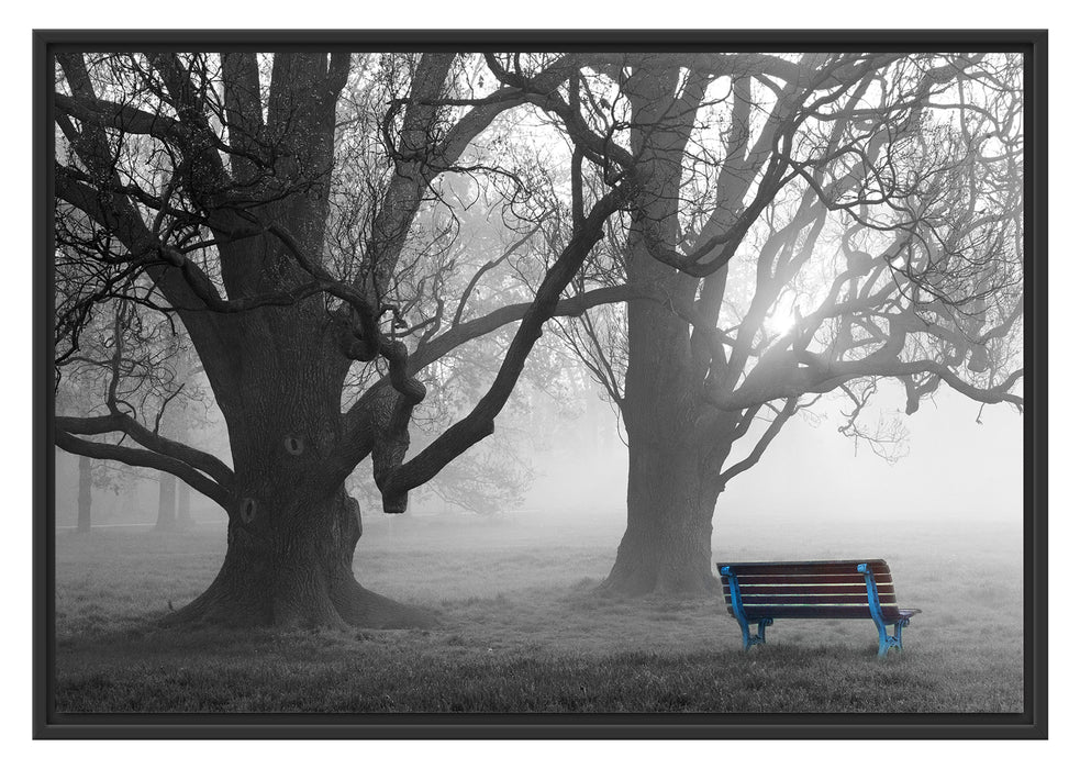 Einsame Bank im Nebel Schattenfugenrahmen 100x70