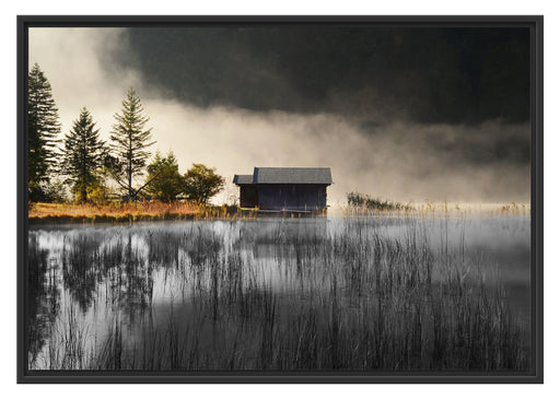 Häuschen am See mit Nebel Schattenfugenrahmen 100x70