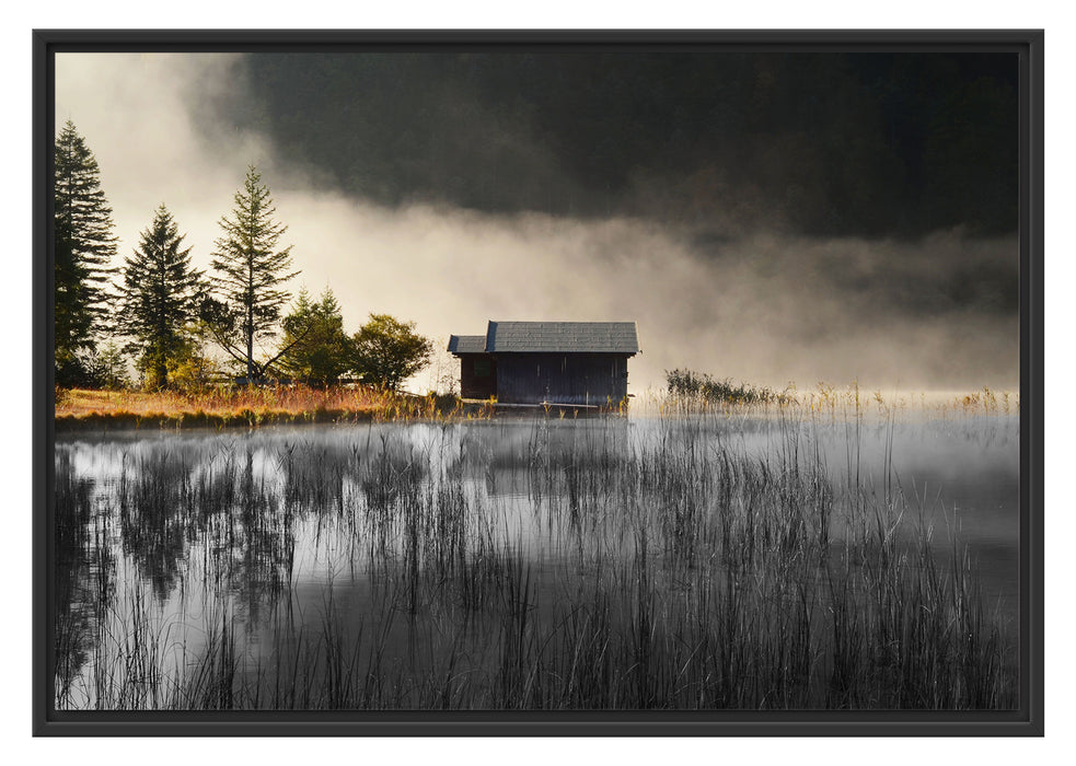 Pixxprint Häuschen am See mit Nebel, im Schwebe-Effekt Bilderrahmen