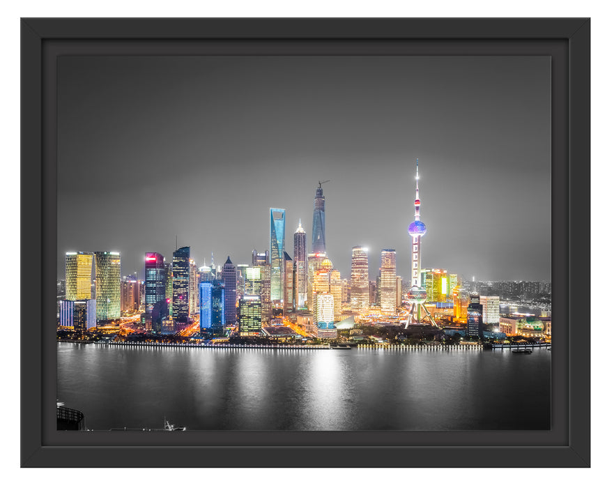 Shanghai Skyline bei Nacht Schattenfugenrahmen 38x30