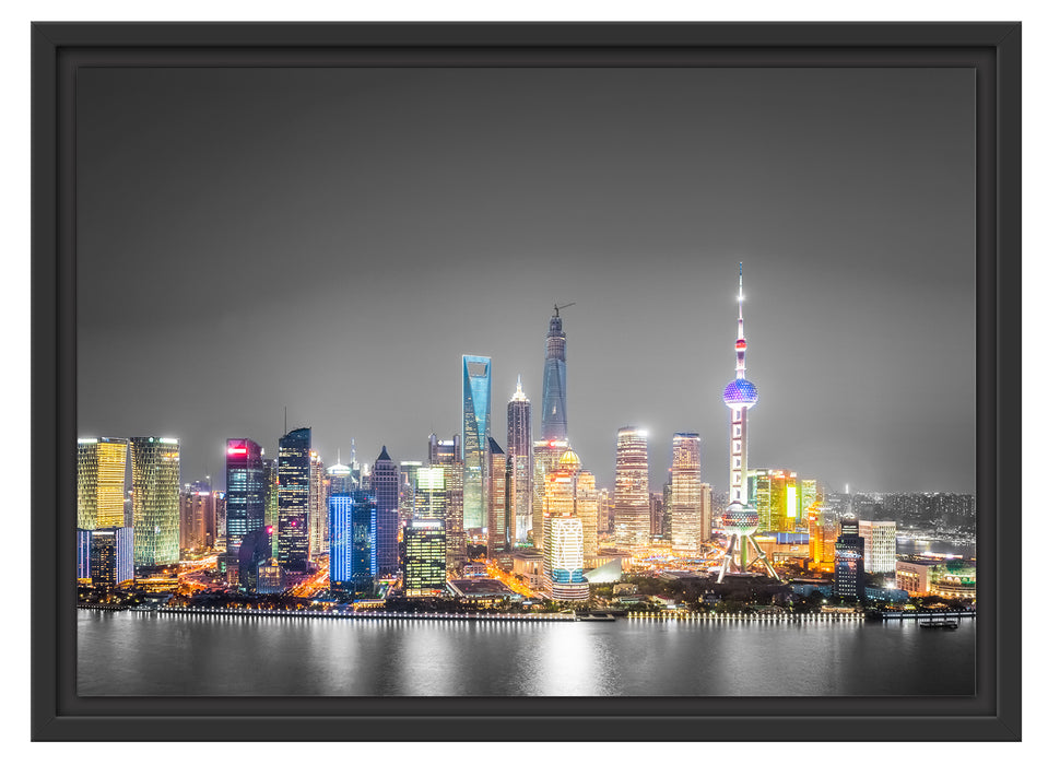 Shanghai Skyline bei Nacht Schattenfugenrahmen 55x40