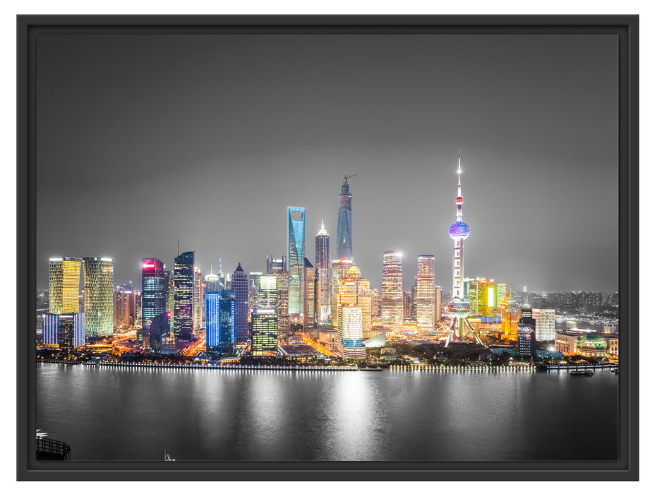 Shanghai Skyline bei Nacht Schattenfugenrahmen 80x60