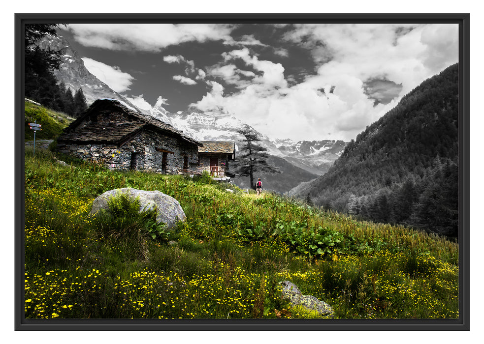 Steinhütte auf Berg Schattenfugenrahmen 100x70