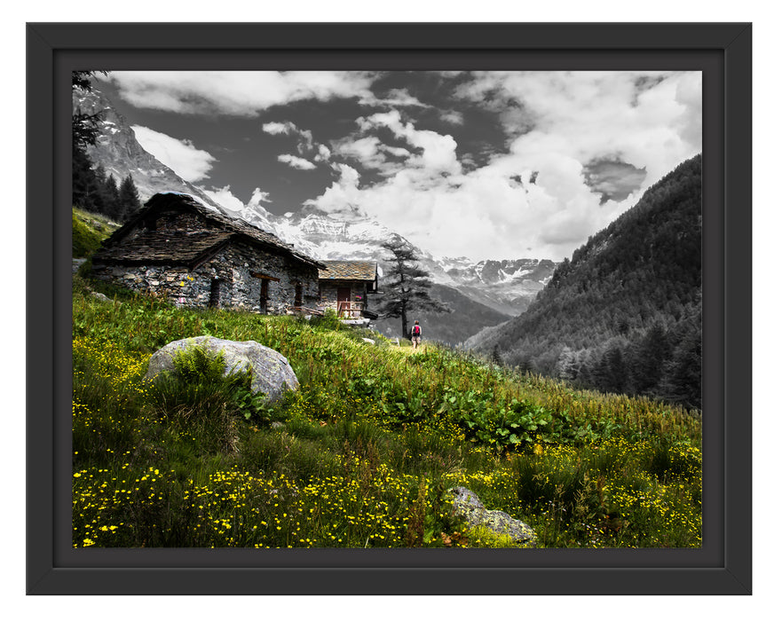 Steinhütte auf Berg Schattenfugenrahmen 38x30