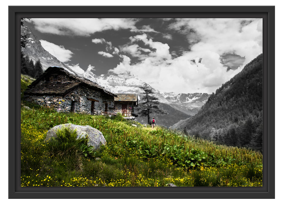 Steinhütte auf Berg Schattenfugenrahmen 55x40