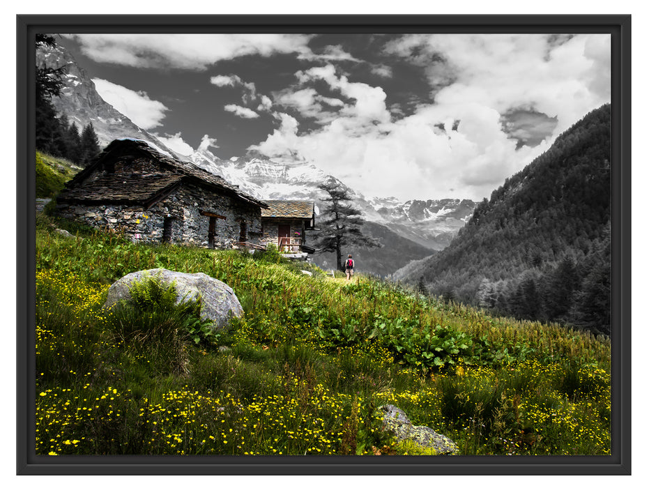 Steinhütte auf Berg Schattenfugenrahmen 80x60