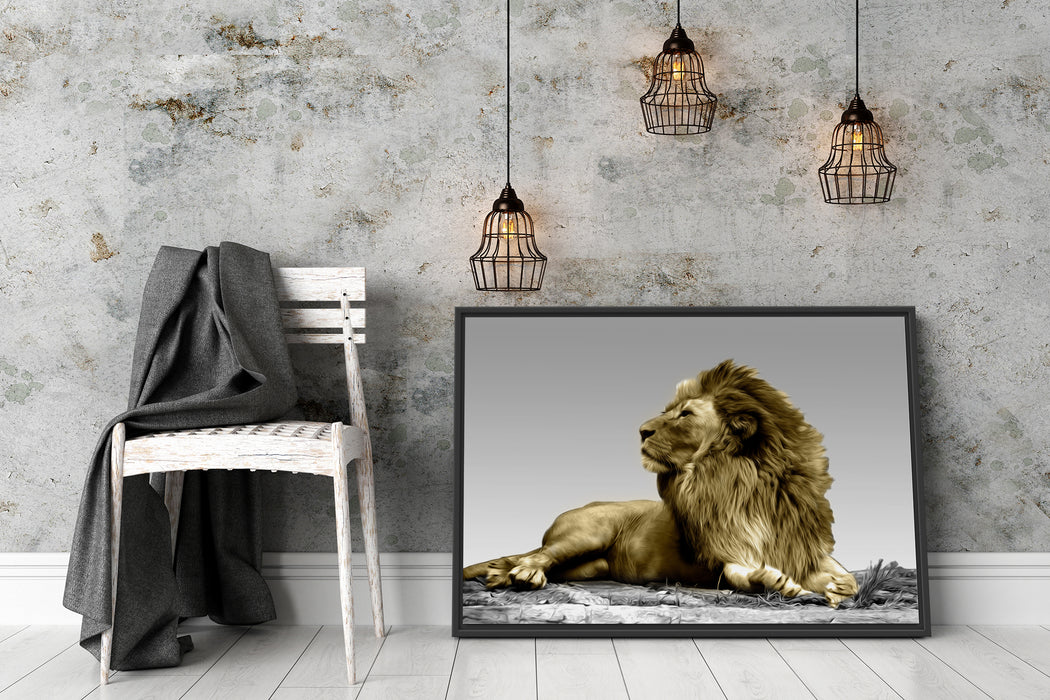 majestäischer Löwe auf Fels Schattenfugenrahmen Wohnzimmer
