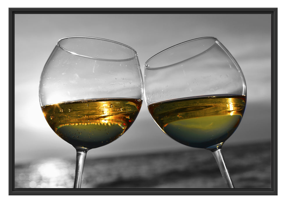 Wein in Gläsern am Meer Schattenfugenrahmen 100x70