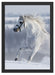 Weißes Pferd auf Schneewiese B&W Schattenfugenrahmen 55x40