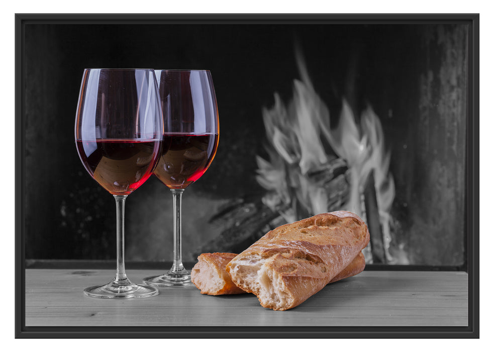 Pixxprint Baguette Wein Picknick, im Schwebe-Effekt Bilderrahmen