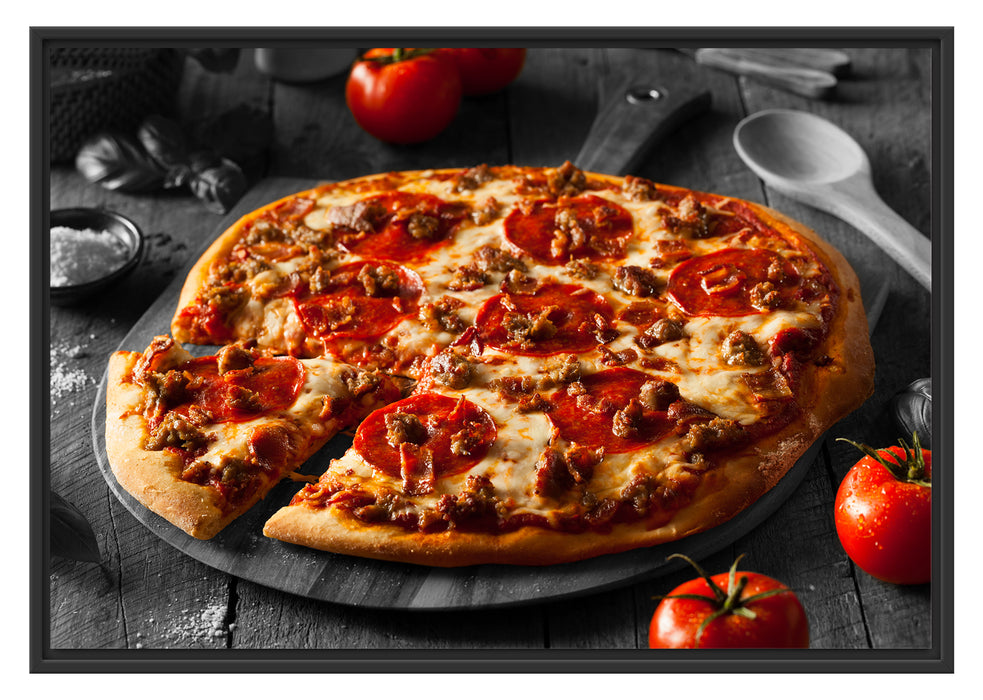 Pixxprint Salamipizza frisch aus dem Ofen, im Schwebe-Effekt Bilderrahmen