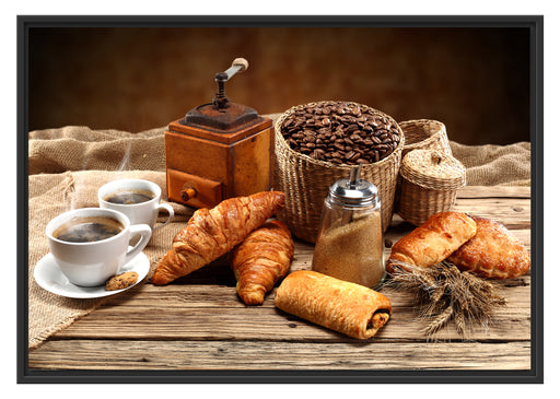Aromatischer Kaffee mit Croissant Schattenfugenrahmen 100x70