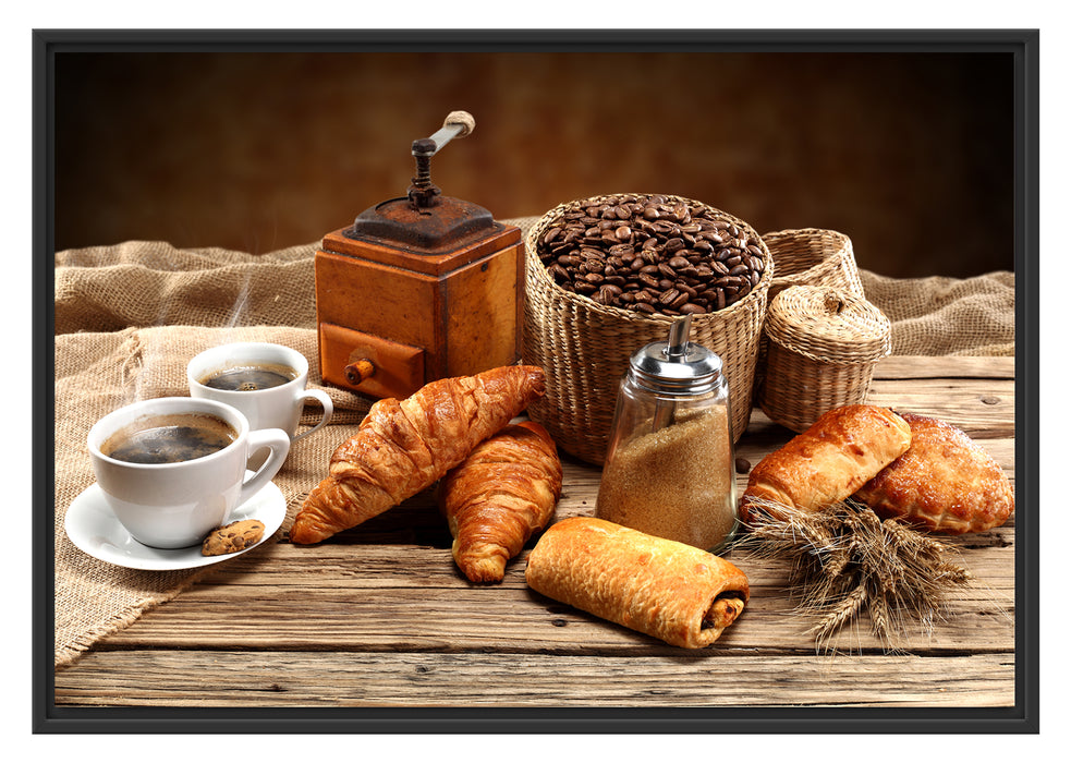 Pixxprint Aromatischer Kaffee mit Croissant, im Schwebe-Effekt Bilderrahmen