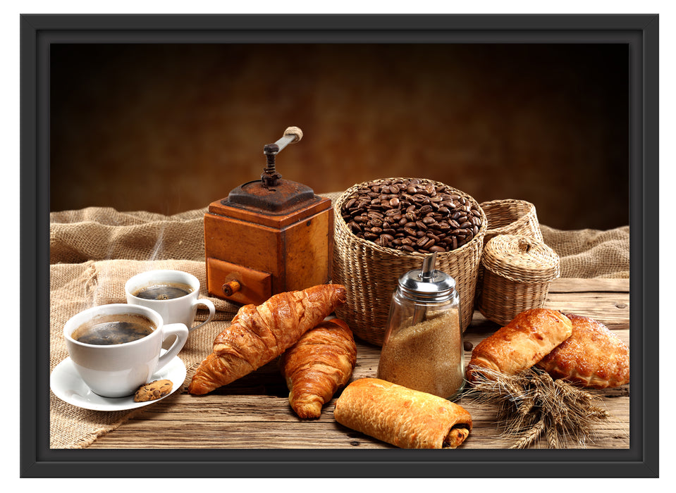 Aromatischer Kaffee mit Croissant Schattenfugenrahmen 55x40