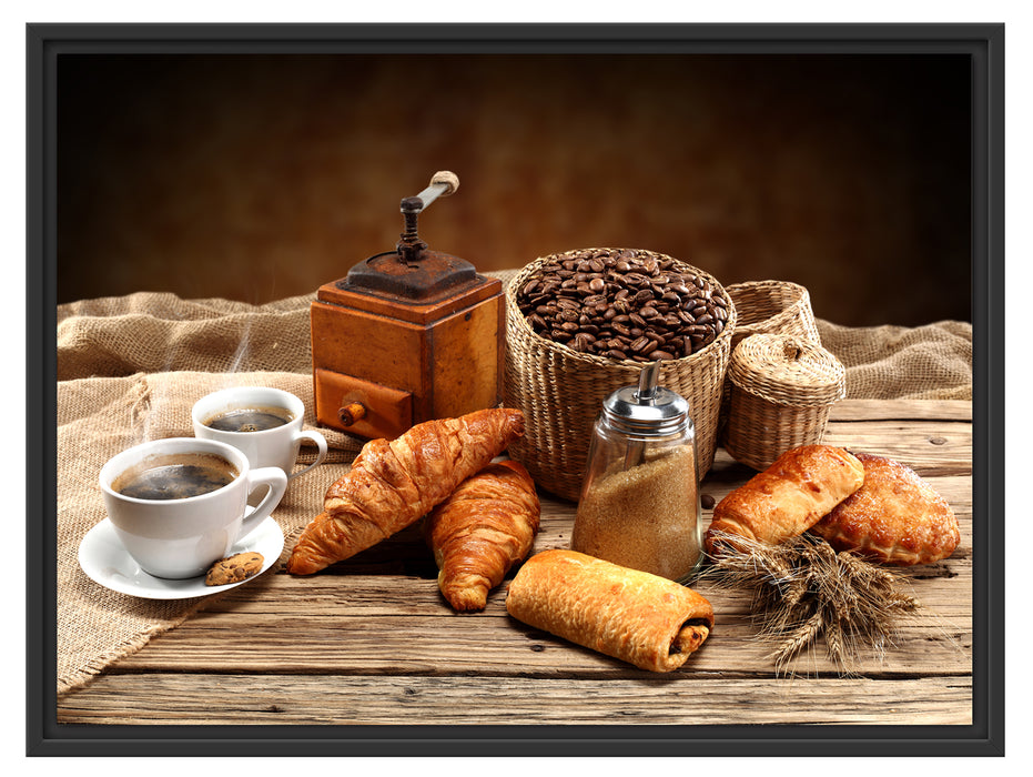 Aromatischer Kaffee mit Croissant Schattenfugenrahmen 80x60