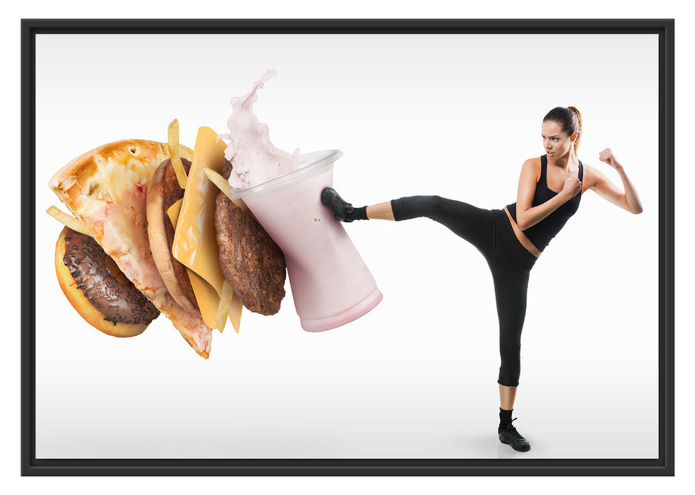 Pixxprint Frau kickt gegen Fastfood, im Schwebe-Effekt Bilderrahmen