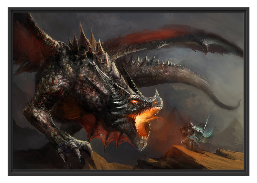 Pixxprint Kampf zwischen Mensch und Drache, im Schwebe-Effekt Bilderrahmen