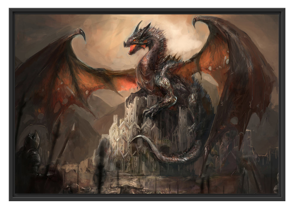 Pixxprint Drache schützend über Burg, im Schwebe-Effekt Bilderrahmen