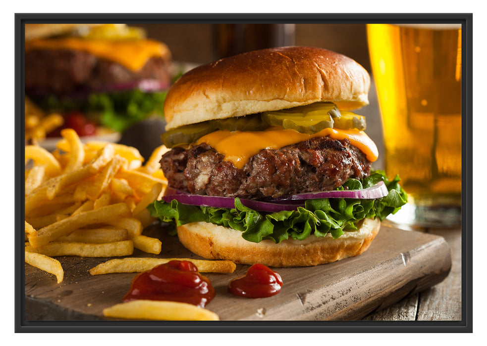 Pixxprint Saftiger Chili Cheese Burger, im Schwebe-Effekt Bilderrahmen