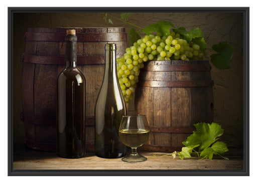 Fässer mit Weintrauben und Wein Schattenfugenrahmen 100x70