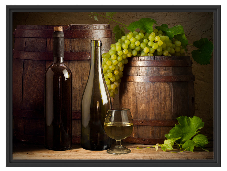 Fässer mit Weintrauben und Wein Schattenfugenrahmen 80x60