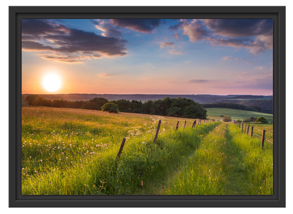 Bergwiese im Sonnenaufgang Schattenfugenrahmen 55x40