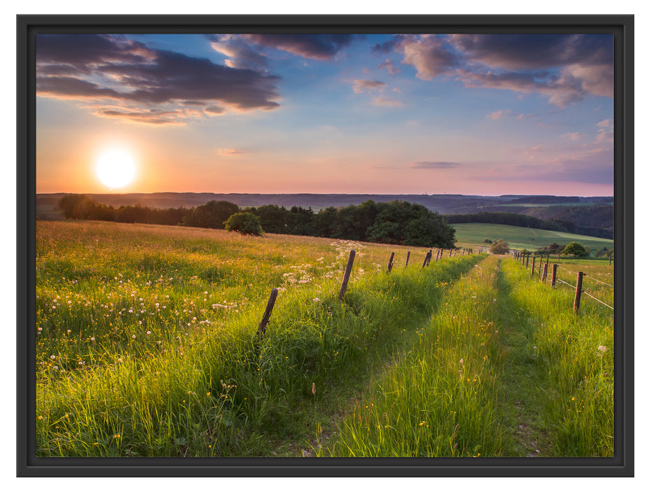 Bergwiese im Sonnenaufgang Schattenfugenrahmen 80x60