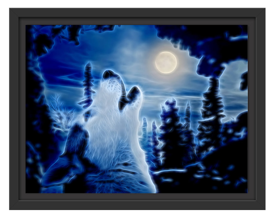 heulender Wolf im Mondlicht Schattenfugenrahmen 38x30