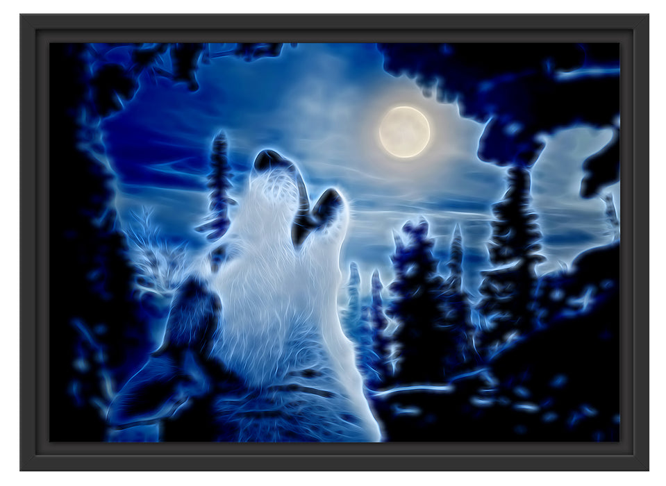 heulender Wolf im Mondlicht Schattenfugenrahmen 55x40