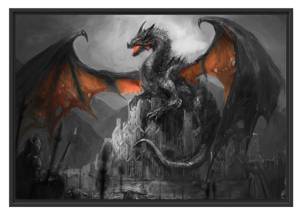 Pixxprint Drache schützend über Burg, im Schwebe-Effekt Bilderrahmen