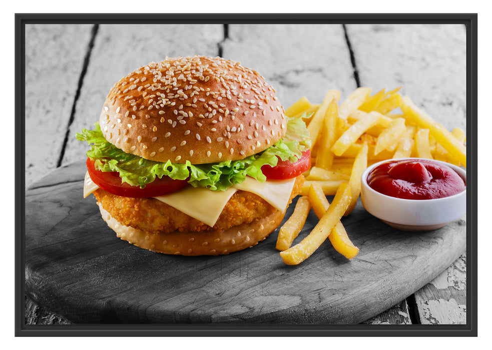 Pixxprint Chickenburger Pommes, im Schwebe-Effekt Bilderrahmen