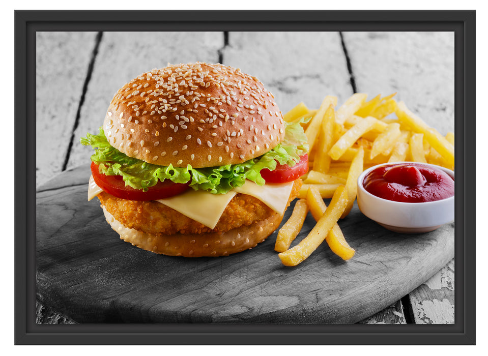 Chickenburger Pommes Schattenfugenrahmen 55x40