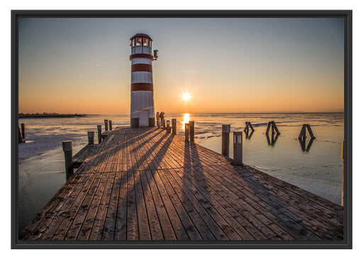 Leuchtturm vor Sonnenuntergang Schattenfugenrahmen 100x70