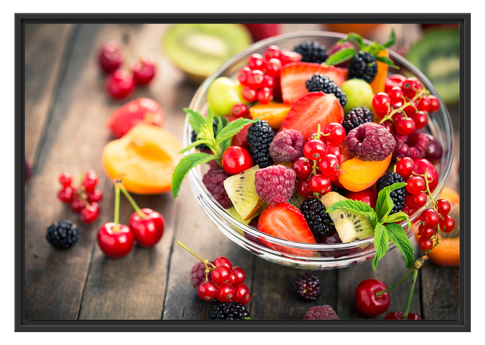 Pixxprint Obstsalat in der Schüssel, im Schwebe-Effekt Bilderrahmen
