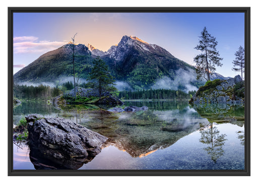 Sonnenaufgang am Hintersee Schattenfugenrahmen 100x70