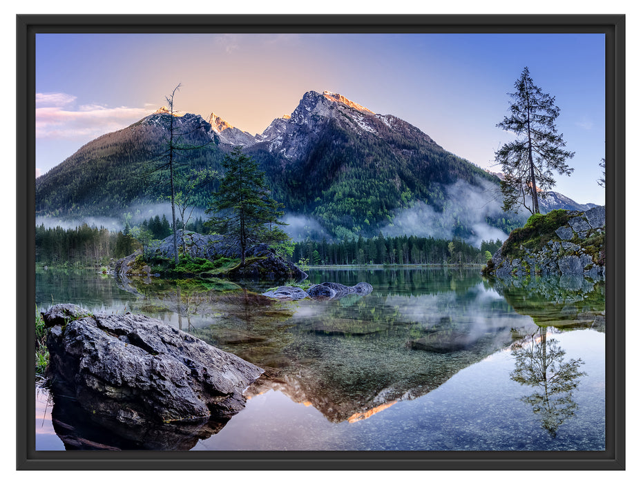 Sonnenaufgang am Hintersee Schattenfugenrahmen 80x60