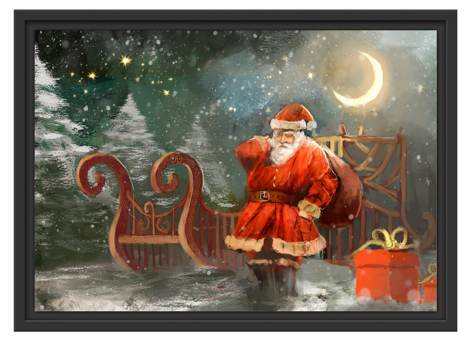 Weihnachtsmann mit Geschenken Schattenfugenrahmen 55x40