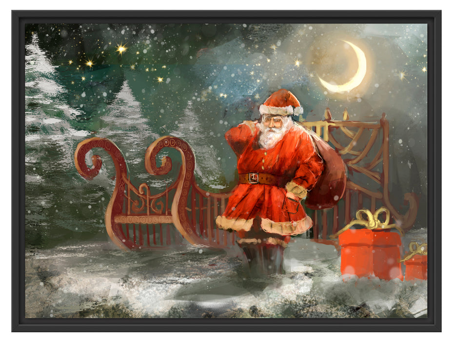 Weihnachtsmann mit Geschenken Schattenfugenrahmen 80x60