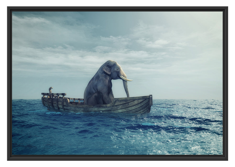Pixxprint lustig sitzender Elefant im Boot, im Schwebe-Effekt Bilderrahmen