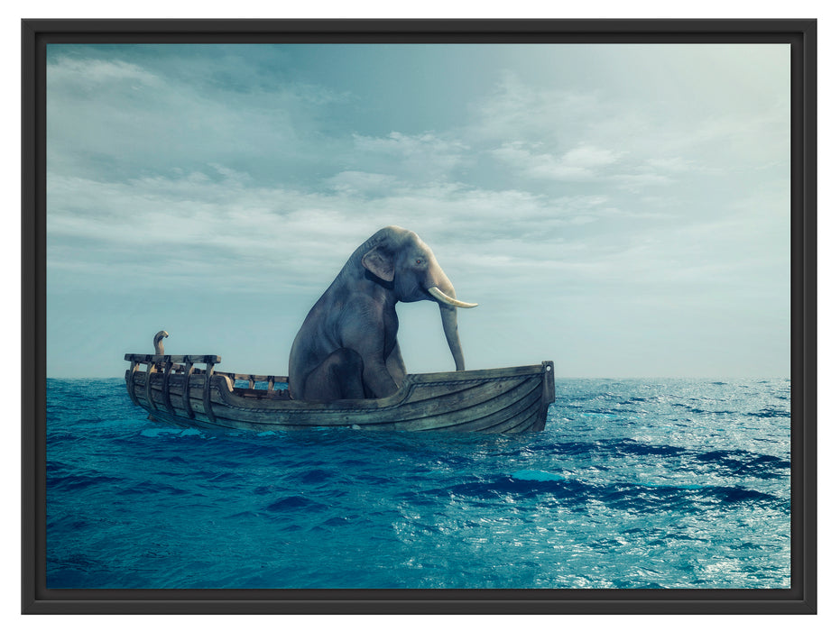 lustig sitzender Elefant im Boot Schattenfugenrahmen 80x60